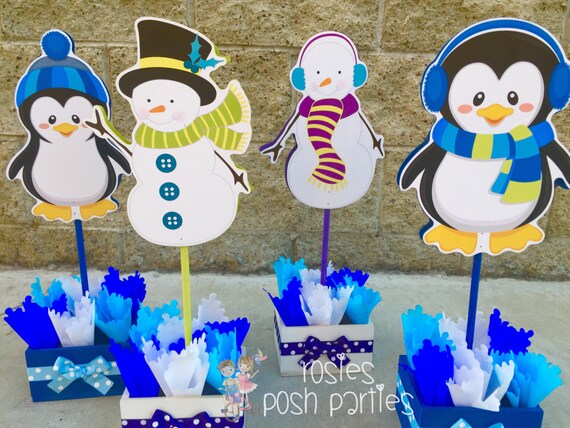 Winter Wonderland Birthday wood Centerpieces for Birthday Cake Table or any themed occasion Penguin Snowmen Birthday Baby Shower SET OF 4 Il_570xn