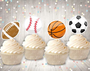 Sports Theme Cupcake Toppers Centerpiece Sport Party Sports Birthday Soccer Football Baseball Basketball decoration Birthday Theme SET OF 12