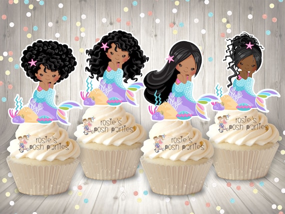 African Mermaid Pastel Theme Decoration Cupcake Toppers African American Mermaid Theme Cupcake Decoration SET OF 12 Il_570xn