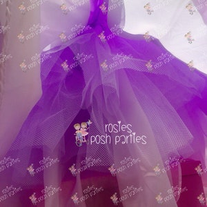 May include: A close-up of a layered tulle fabric in shades of purple and white. The fabric is gathered and tied, creating a voluminous effect. The text "rosies posh parties" is repeated across the image.