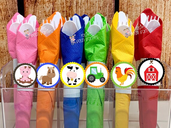 Farm Birthday Theme | Farm Party | Farm Theme Wrapped Utensils | Farm Party Decoration | Barnyard Party | Barn Horse Cow Tractor SET OF 12 Il_570xn