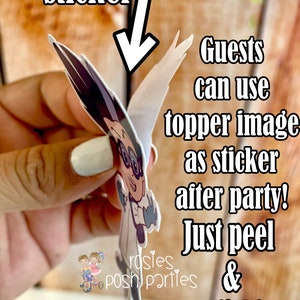 May include: A white cake topper with a cartoon character wearing a white lab coat and glasses. The topper is on a stick and can be used as a sticker after the party. The text "Sticker" and "Guests can use topper image as sticker after party! Just peel & stick!" is visible in the image.