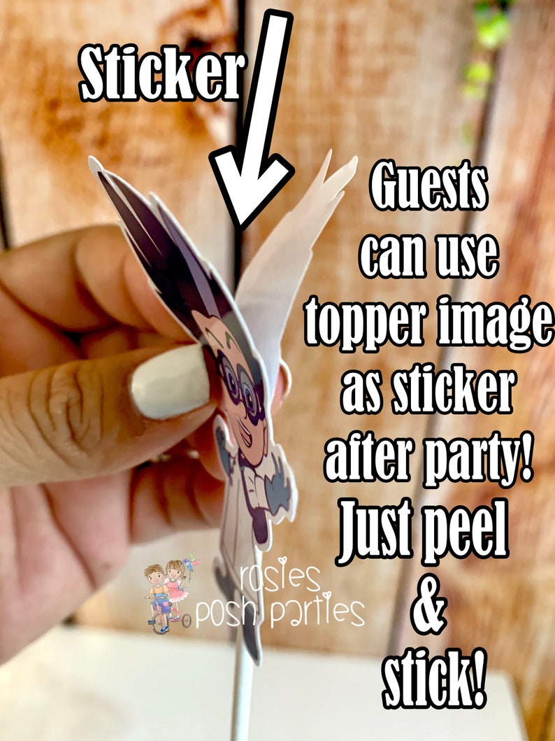 May include: A white cake topper with a cartoon character wearing a white lab coat and glasses. The topper is on a stick and can be used as a sticker after the party. The text "Sticker" and "Guests can use topper image as sticker after party! Just peel & stick!" is visible in the image.