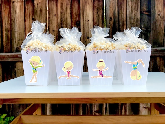 Girl Gymnast birthday party Favor centerpiece Gymnastics Gym Party decoration Gym Gymnastics birthday Gymnast Popcorn favors Boxes SET OF 12 Il_570xn
