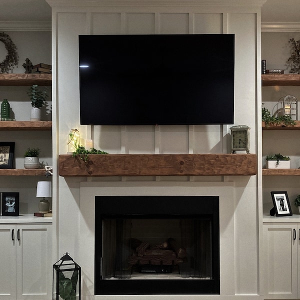 Fireplace Mantel | 6" by 8" and 62" Long | Solid Wood | Pine | Hand Hewn | Customizable
