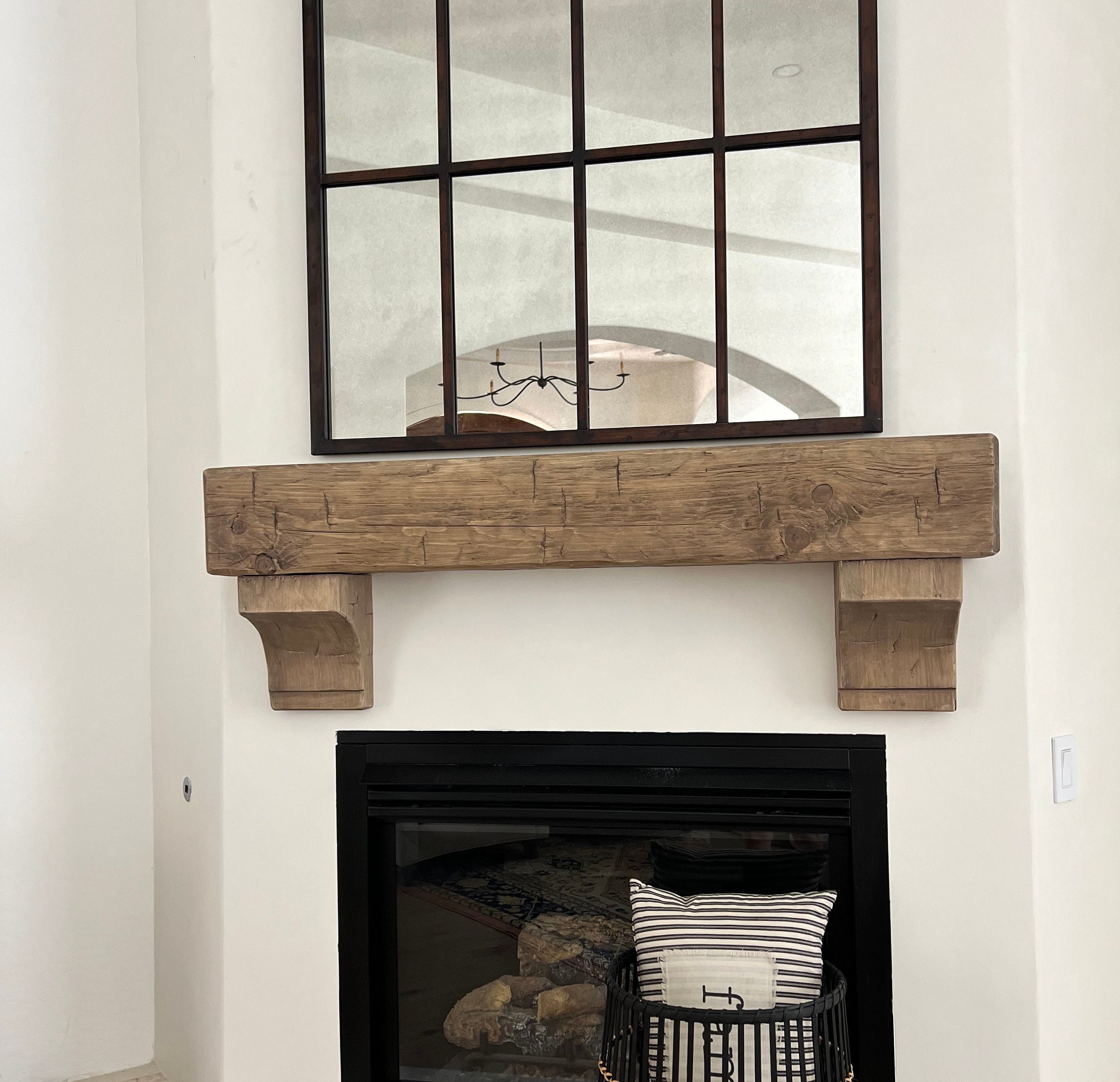 New Fireplace Mantel | 8" by 8" and 54" Long | Solid Wood | Pine | Hand Hewn | With Corbels
