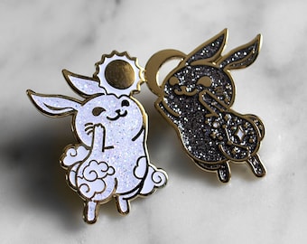 Glitter Sun + Moon Bunny Folklore with Glow-in-the-Dark or Iridescent Glitter Hard Enamel Pin