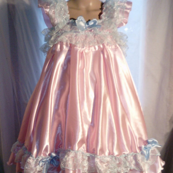 Alle maten Volwassen Baby Sissy Satijnen Jurk Top in roze satijn en blauw kant VOLLEDIGE rok Fancy Dress Cosplay Prinses ddlg lingerie nachtjapon abdl