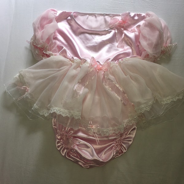 Sale** ALL Sizes ABDL Adult Baby Sissy Short Romper Dress Pink Satin, white chiffon, white Lace Cosplay Sexy ddlg cd abdl lingerie xxl