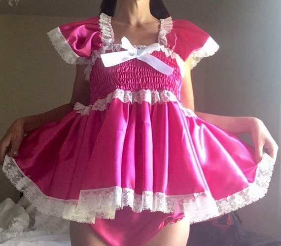 ALL Sizes Adult Baby Satin Sissy Short Dress, nappy cover and dolly bag  cerise pink and white lace frilly -  Portugal