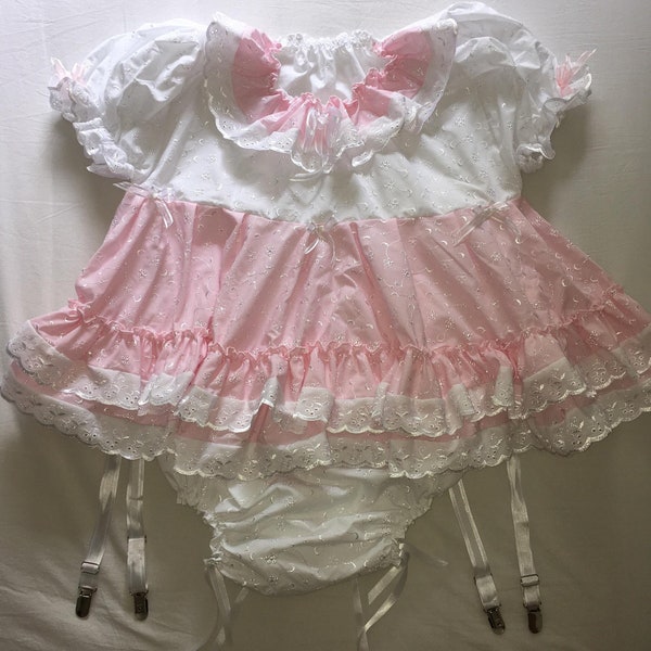 Venta** TODOS los tamaños ABDL adulto bebé Sissy vestido corto mameluco en rosa y blanco Broderie Anglais Cosplay pañal ddlg cd