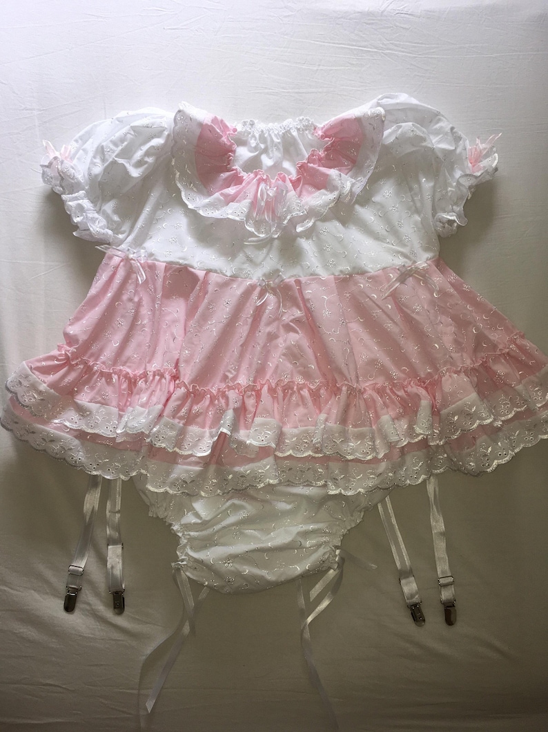 Sale** ALL Sizes ABDL Adult Baby Sissy Short Romper Dress in Pink and White Broderie Anglais Cosplay Nappy ddlg cd 