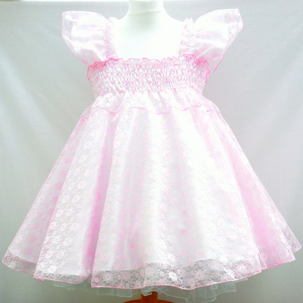 All sizes Adult Baby Sissy Short Dress Top in Baby Pink lace over white satin FULL skirt Fancy Dress Cosplay Princess abdl cosplay