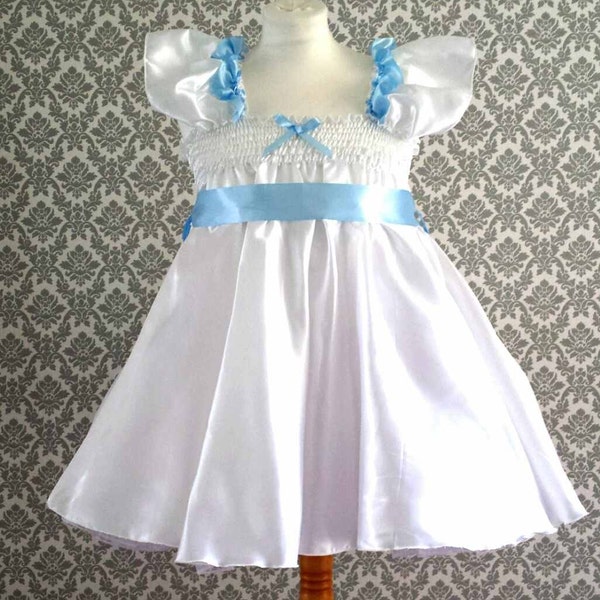 All sizes Adult Baby Sissy Short Dress White Satin with Blue Satin Ribbon Full skirt Dress Cosplay Princess Lolita ABDL ddlg cd xxl xl l