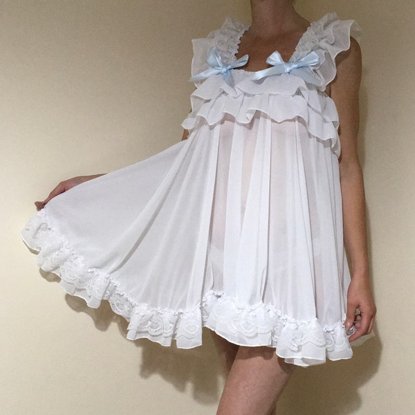 All sizes Baby Doll Sexy White Chiffon see through ABDL Adult Baby Sissy boi abdl FULL skirt Cosplay Lolita Cross ddlg unisex