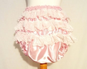 Adult Baby Satin Pink with white lace Frilly Sissy Panties Nappy Cover ABDL Cosplay Sexy diaper pink satin cd tv unisex xxl xl l