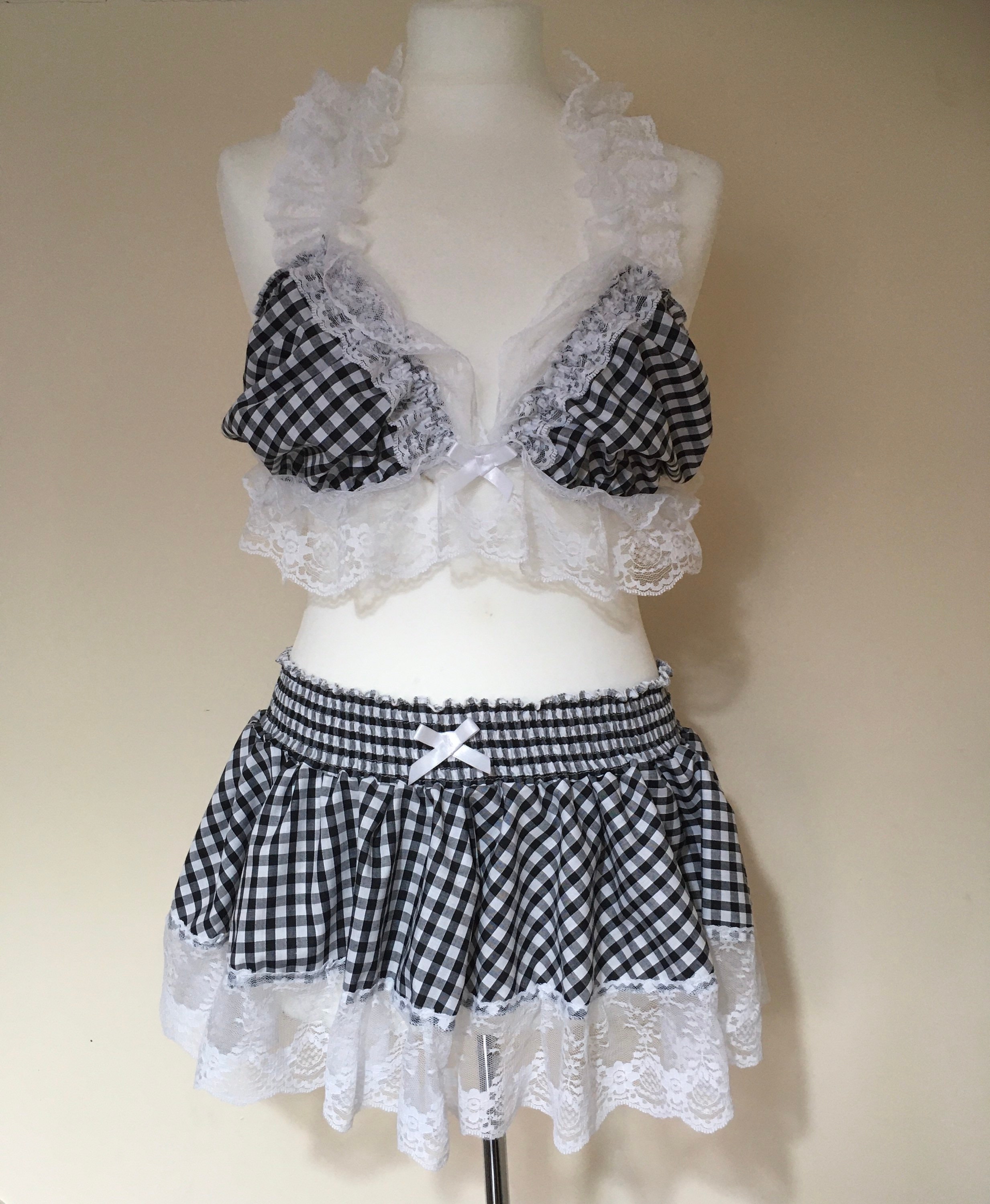 All Sizes Sexy VERY Short Skirt and Bralette Top in Black Gingham