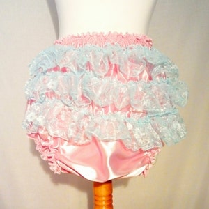 Adult Baby Satin Pink with baby blue lace Frilly Sissy Panties Nappy Cover ABDL Cosplay Sexy diaper xxl xl l