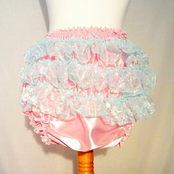 Waterproof lined Adult Baby Satin Pink with blue lace Frilly Sissy Panties Nappy Cover ABDL Cosplay Sexy diaper lingerie ddlg cd