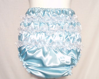 ONLY adult Baby Satin Pale blue Frilly Sissy Panties Nappy diaper Cover ddlg cd tv sexy unisex mens knickers xxl xl l