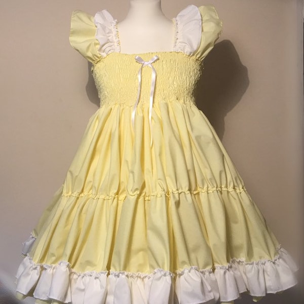 Oferta GRATIS Bonnet Todos los tamaños Adulto Bebé Sissy Vestido Corto Top en algodón amarillo Falda COMPLETA Fancy Ddlg Cosplay Princesa Lolita abdl