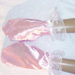 Adult Baby Satin Pink with white lace Frilly Sissy mitts