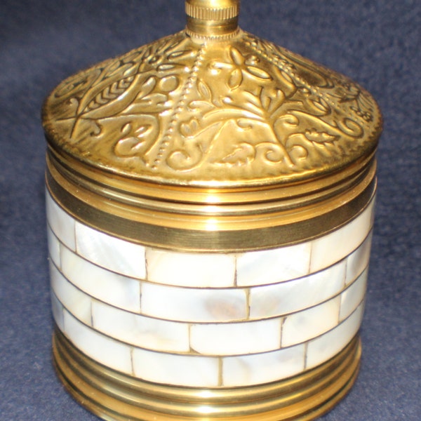 Mother of Pearl Solid Brass Round Trinket Box Ornate Container with Lid India Brass