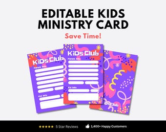 Kids Ministry Connection Card Editable Canva Template | Church Children’s Ministry Sign-In Card