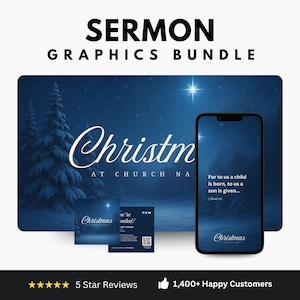 May include: A digital graphic bundle with a Christmas theme. The main image features a blue background with a snowy forest scene and the word "Christmas". A smartphone displays a quote. Additional graphics include a flyer and a business card.