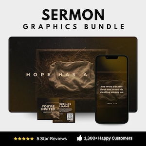 May include: A digital graphic bundle with the text "SERMON GRAPHICS BUNDLE" in black. The image includes a phone, cards, and a background with the text "HOPE HAS A". The phone displays a Bible verse. The cards say "YOU'RE INVITED" and "HOPE HAS A NAME".