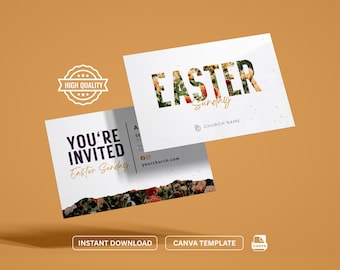 Op de afbeelding: Een witte kaart met de tekst "Easter Sunday" in grote, paarse letters met een bloemenpatroon eroverheen. De tekst "Church Name" staat onder de hoofdtekst. Een tweede kaart met de tekst "You're Invited Easter Sunday" is gedeeltelijk zichtbaar op de achtergrond.