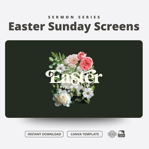 May include: A dark green background with a floral arrangement of white and pink flowers. The text "Easter Sunday" is in white letters with a vintage font.
