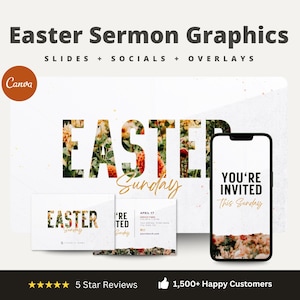 Plantilla de Canva para el paquete de marketing del sermón de Pascua / Diapositivas para la iglesia del Domingo de Resurrección + Publicaciones en redes sociales + Historias + Tercios inferiores