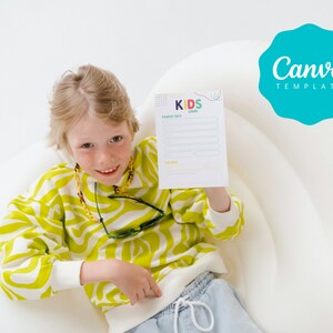 May include: A young person wearing a yellow and white patterned sweater holds up a white card with the text "KIDS CRAFTS" and a list of items. The card is on a white background.