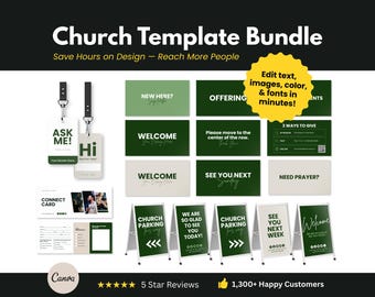 Plantillas para iglesias en Canva: Letreros en forma de A editables, pantallas de servicio, credenciales de identificación y tarjetas de conexión. Gráficos modernos para iglesias.