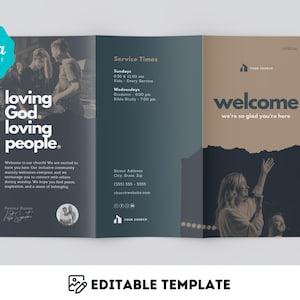 Diseño de plantilla de boletín de iglesia moderno para Canva. Orden de servicio imprimible. Programa de iglesia personalizable.