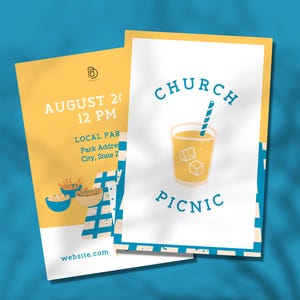 Modelo de panfleto editável para piquenique de igreja, convite para evento de verão, download do Canva, design de cartão postal 4x6, convite para dia de diversão em família