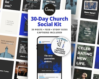Kit de redes sociales para iglesias de 30 días / Plantillas de Canva para Instagram/Facebook / Gráficos para redes sociales cristianas / Publicaciones e historias de marketing para ministerios