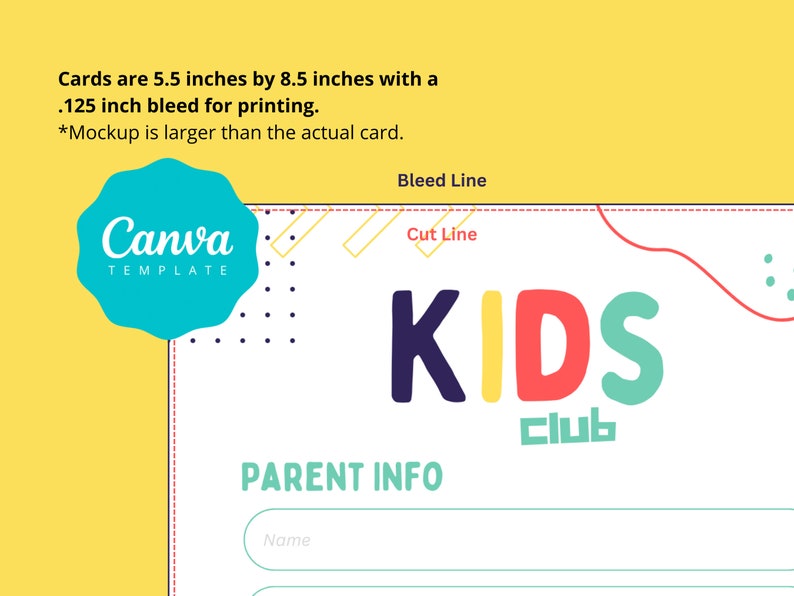 May include: A printable card template for a kids club. The card is white with a colorful graphic of the word "KIDS" and the text "club". The card also includes a section for parent information with the text "PARENT INFO" and a line for the parent's name.