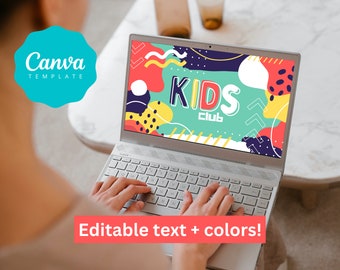 May include: A laptop computer screen displaying a colorful graphic design with the text "KIDS Club". The laptop is on a white table and a person is typing on the keyboard.