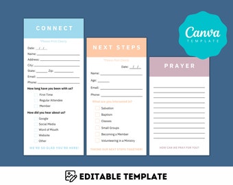 May include: A printable template with three sections: Connect, Next Steps, and Prayer. The Connect section has fields for name, address, email, phone, and questions about how long someone has been attending and how they heard about the organization. The Next Steps section has fields for name, age, email, phone, and a list of topics to check off. The Prayer section has a space to write down prayer requests. The template is designed for churches or other organizations.
