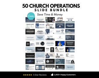 50 pantallas editables para iglesias • Diapositivas de anuncios, operaciones y bienvenida • Paquete de plantillas Canva para servicios dominicales