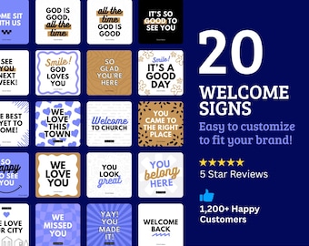 Plantillas de letreros de bienvenida para iglesias: Letreros de bienvenida portátiles, editables en Canva (50 x 50 cm, descarga digital)