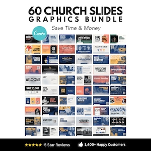 May include: A bundle of 60 church slides graphics with various designs and text. The slides include phrases like "Welcome", "Need Prayer?", and "Christmas Season". The text "Save Time & Money" is also included. The Canva logo is visible.