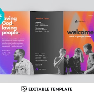Plantilla personalizable de Canva para boletín de iglesia: programa moderno para anuncios de servicios semanales. Plantilla de folleto tríptico de 11 x 17 pulgadas.