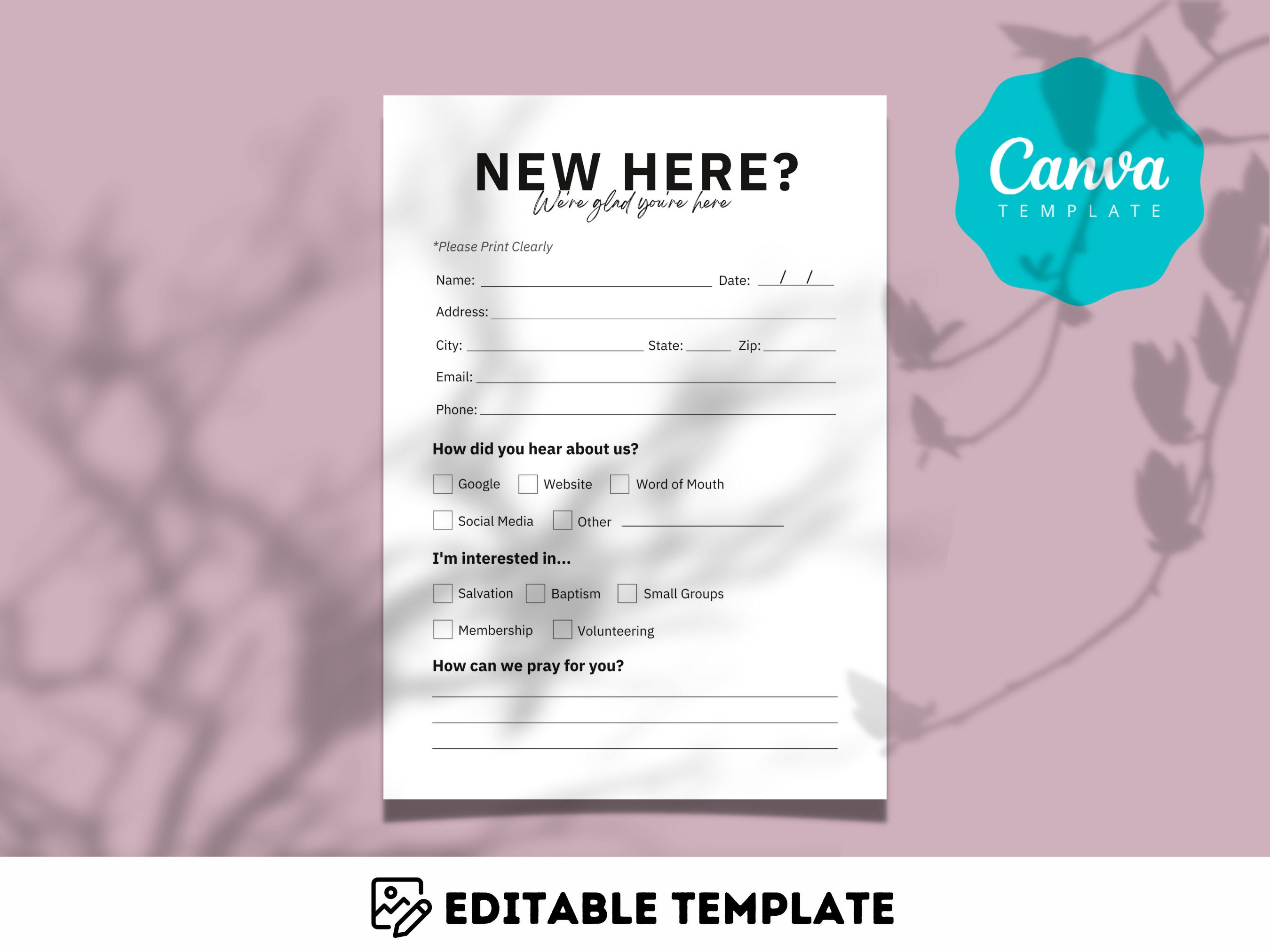 Church First Timer Card Editable Church Connection Card Template: Welcome New Guests (canva ...