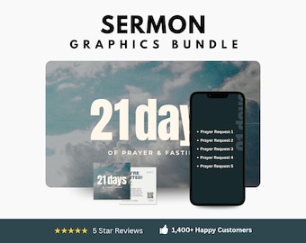 Gráficos para la iglesia: 21 días de oración y ayuno. Diapositivas de sermones editables en Canva, historias de Instagram, publicaciones en redes sociales y tarjeta de invitación imprimible.