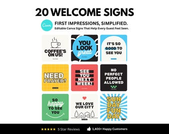 Paquete de plantillas Canva para letreros de bienvenida para iglesias / 20 letreros de bienvenida de mano / Pósteres imprimibles / Decoración moderna para iglesias