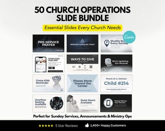 Plantilla de Canva para diapositivas de anuncios de la iglesia • 50 pantallas de operaciones para el servicio dominical • Gráficos editables para la iglesia y medios de adoración