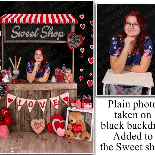 PRICE DROP Easy Sweet Shop Valentine's session, Includes backdrop and chalk overlays, boys and girls digital photo props for photography